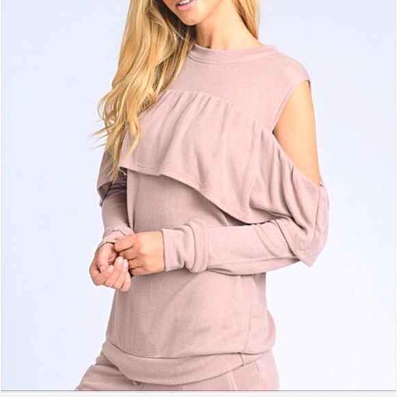Dusty Pink Blush Ruffle Cold Shoulder Top S - Picture 5 of 6